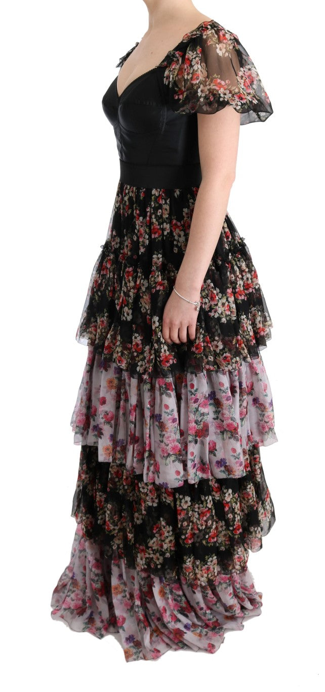 Robe longue droite à fleurs en soie stretch multicolore