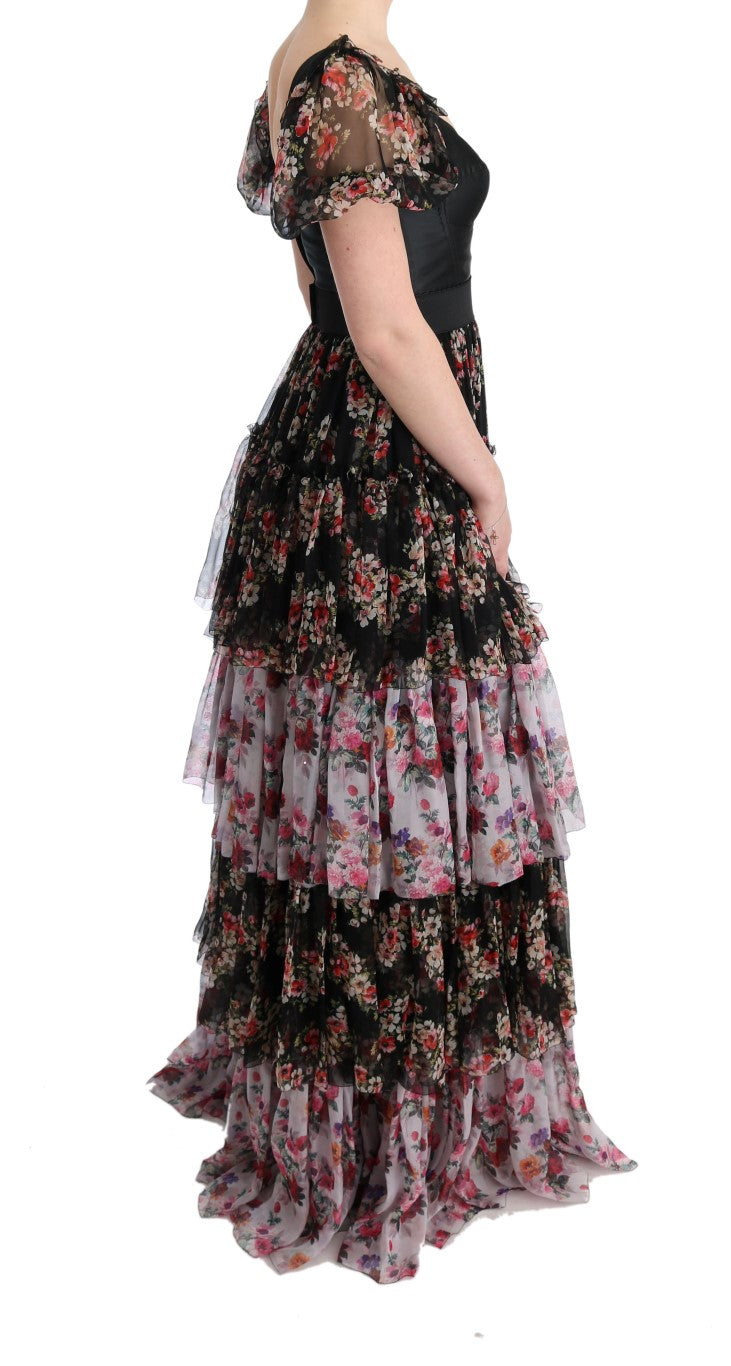 Robe longue droite à fleurs en soie stretch multicolore