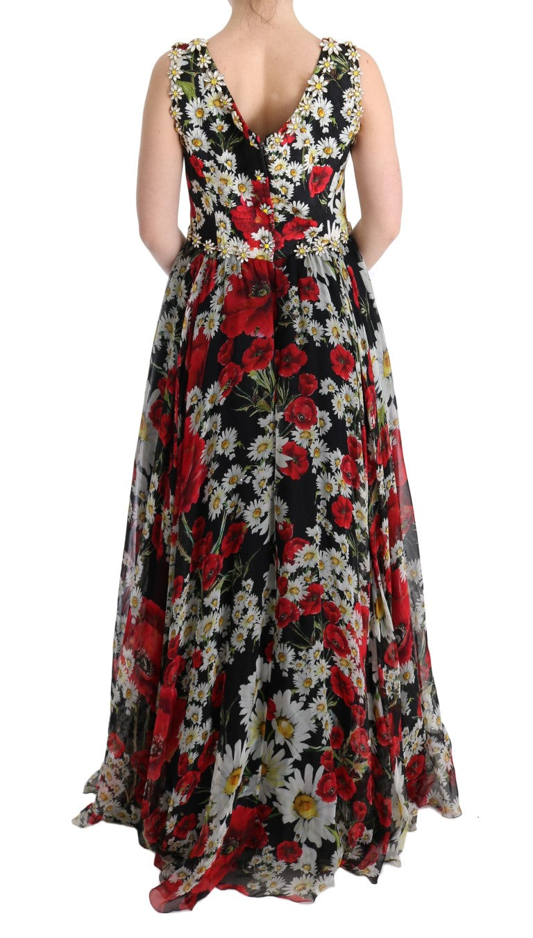 Robe longue multicolore en soie florale et cristaux