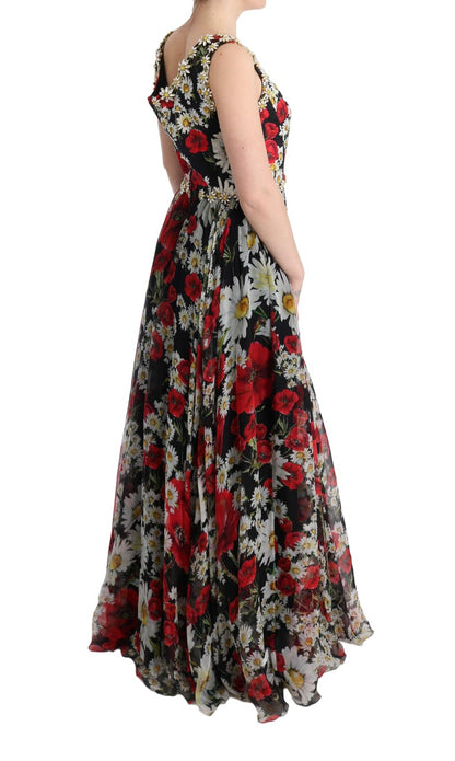 Robe longue multicolore en soie florale et cristaux