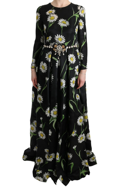 Mehrfarbiges, langes Maxikleid aus Seide mit Sonnenblumen-Print