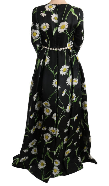 Mehrfarbiges, langes Maxikleid aus Seide mit Sonnenblumen-Print