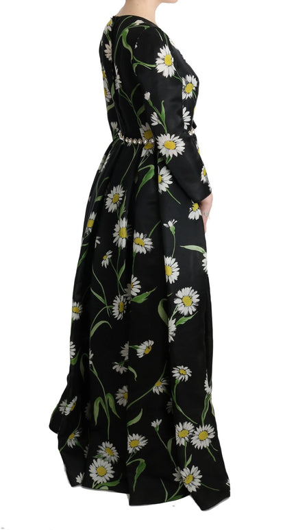 Mehrfarbiges, langes Maxikleid aus Seide mit Sonnenblumen-Print