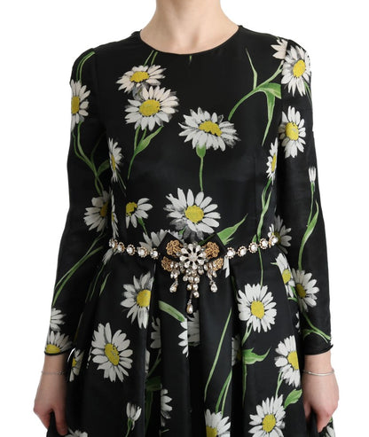 Mehrfarbiges, langes Maxikleid aus Seide mit Sonnenblumen-Print