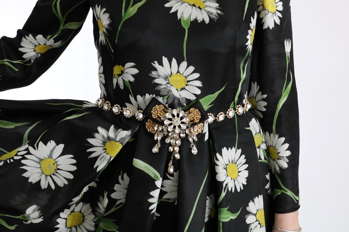 Mehrfarbiges, langes Maxikleid aus Seide mit Sonnenblumen-Print