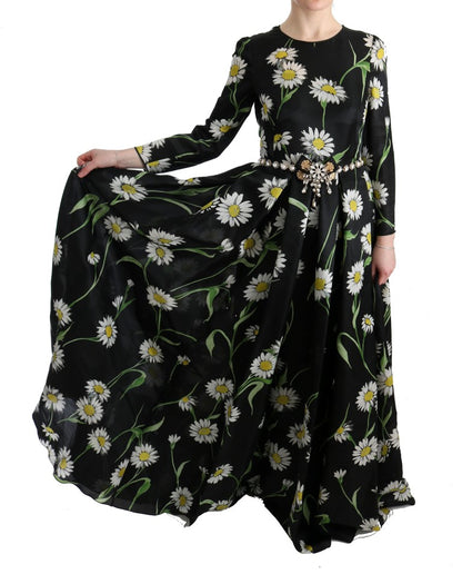 Mehrfarbiges, langes Maxikleid aus Seide mit Sonnenblumen-Print