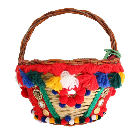 Mehrfarbige AGNESE Strohkristall-Pom-Pom-Tasche