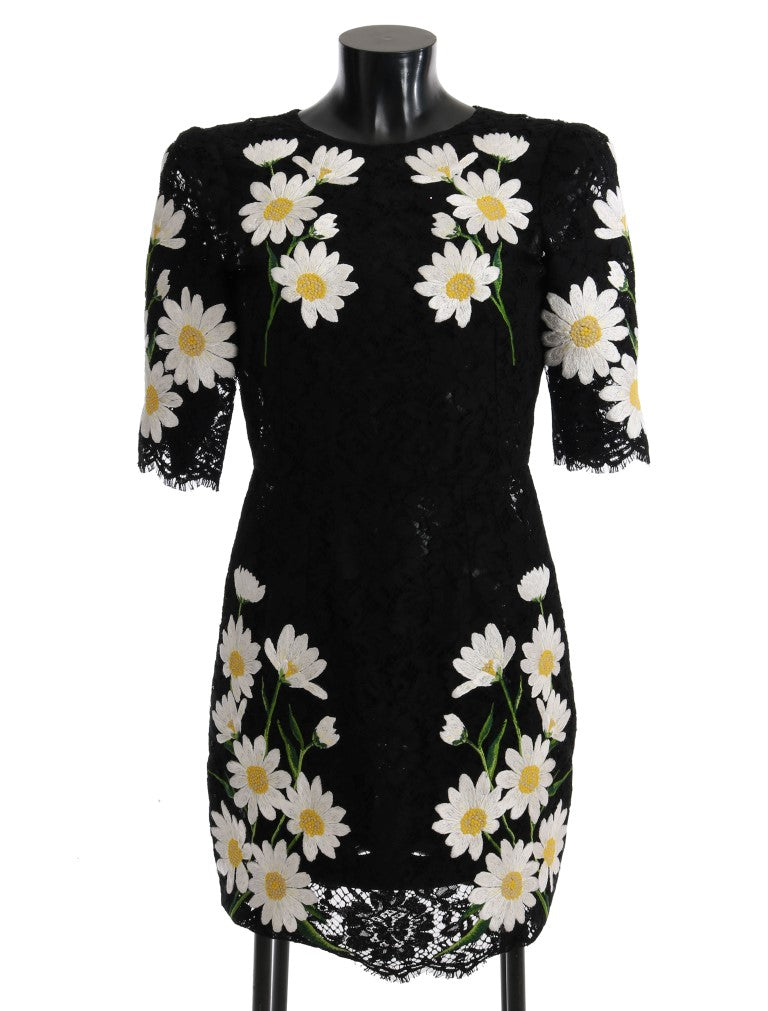 Dolce &amp; Gabbana – Schwarzes Kleid aus Blumenspitze mit Kamillenstickerei