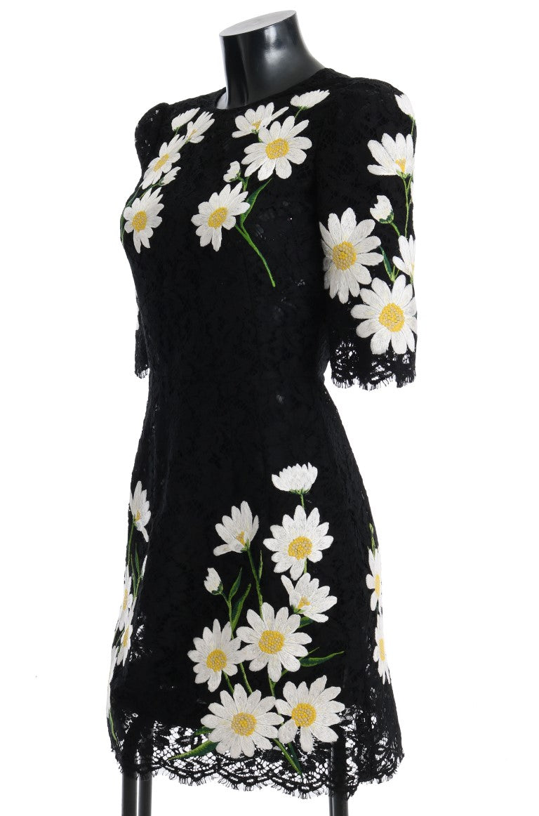 Dolce &amp; Gabbana – Schwarzes Kleid aus Blumenspitze mit Kamillenstickerei