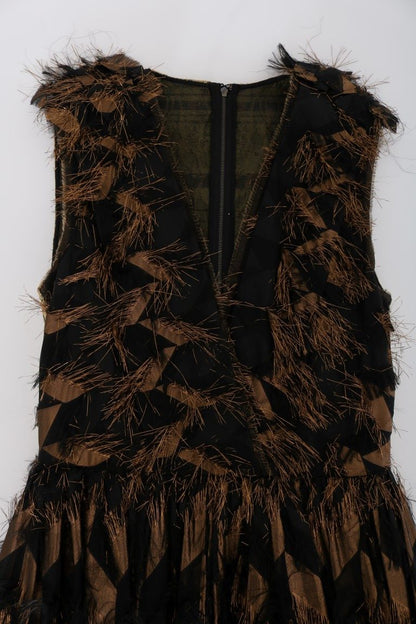 Robe trapèze en soie noire à franges marron