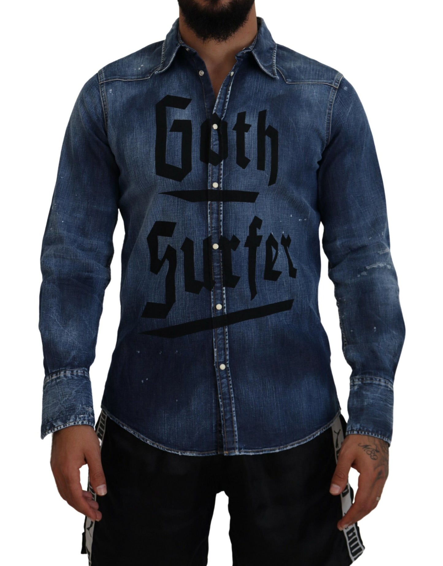 Dsquared² Blau verwaschenes Goth Surfer Print Herren Jeanshemd