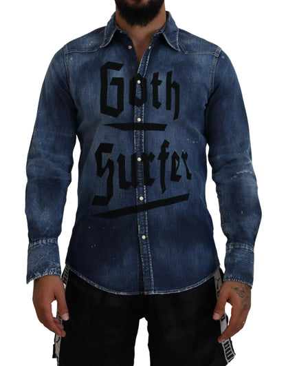 Dsquared² Blau verwaschenes Goth Surfer Print Herren Jeanshemd