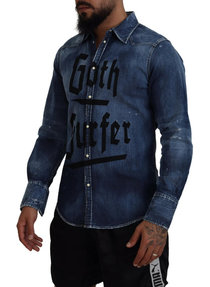 Dsquared² Blau verwaschenes Goth Surfer Print Herren Jeanshemd