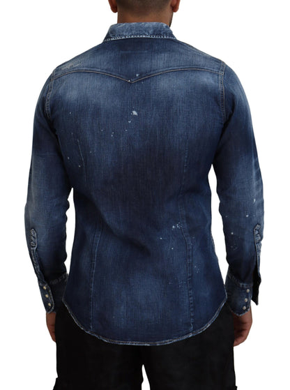 Dsquared² Blau verwaschenes Goth Surfer Print Herren Jeanshemd