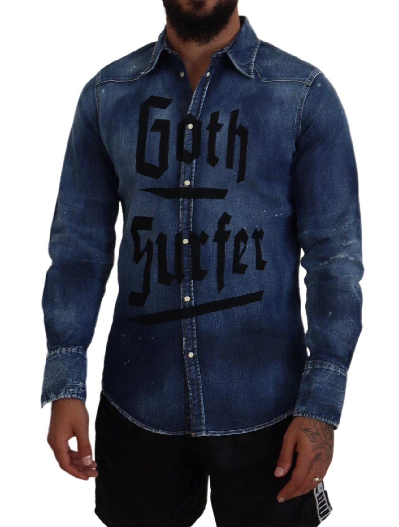 Dsquared² Blau verwaschenes Goth Surfer Print Herren Jeanshemd