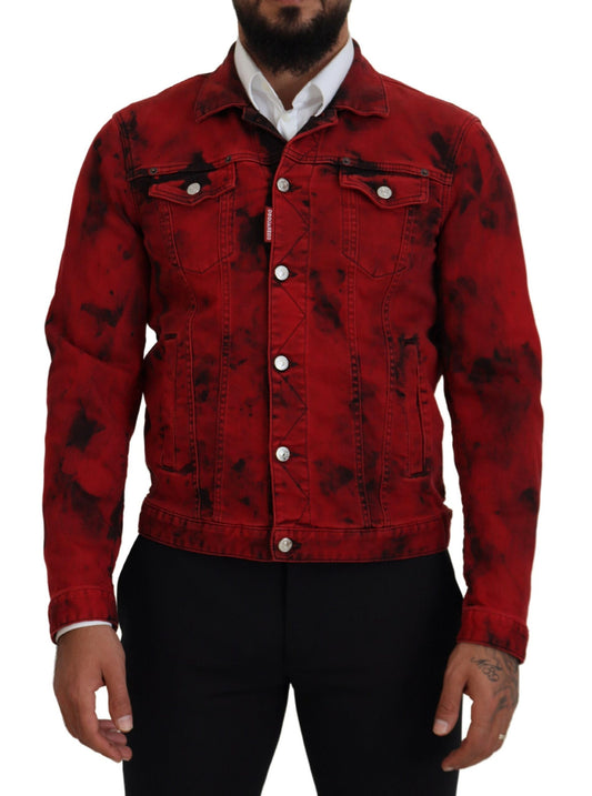 Dsquared² Rot-Schwarze Jeansjacke mit Batikmuster und Kragen für Herren