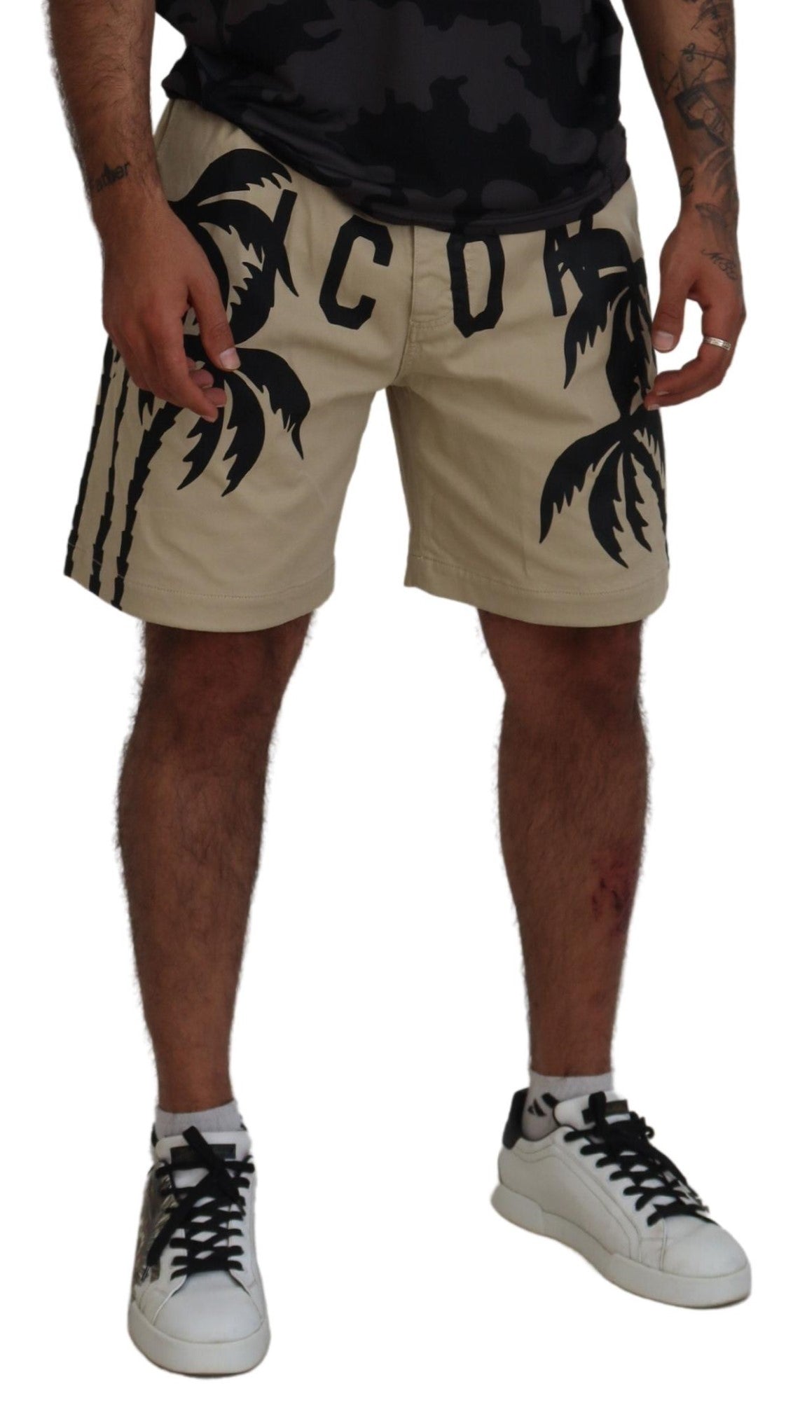 Dsquared² – Über dem Knie bedruckte Shorts aus Baumwolle in Beige