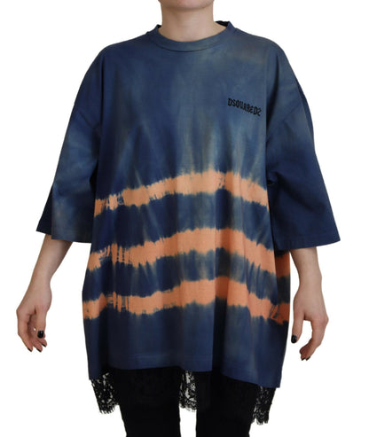 Dsquared² – Kurzärmliges Spitzen-T-Shirt aus Baumwolle mit Batikmuster, Blau