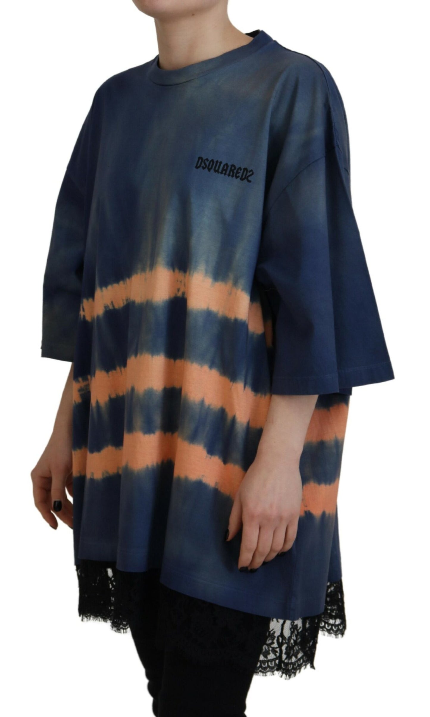 Dsquared² – Kurzärmliges Spitzen-T-Shirt aus Baumwolle mit Batikmuster, Blau