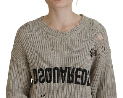 Dsquared² Beigefarbener Pullover aus gestrickter Baumwolle mit Rundhalsausschnitt