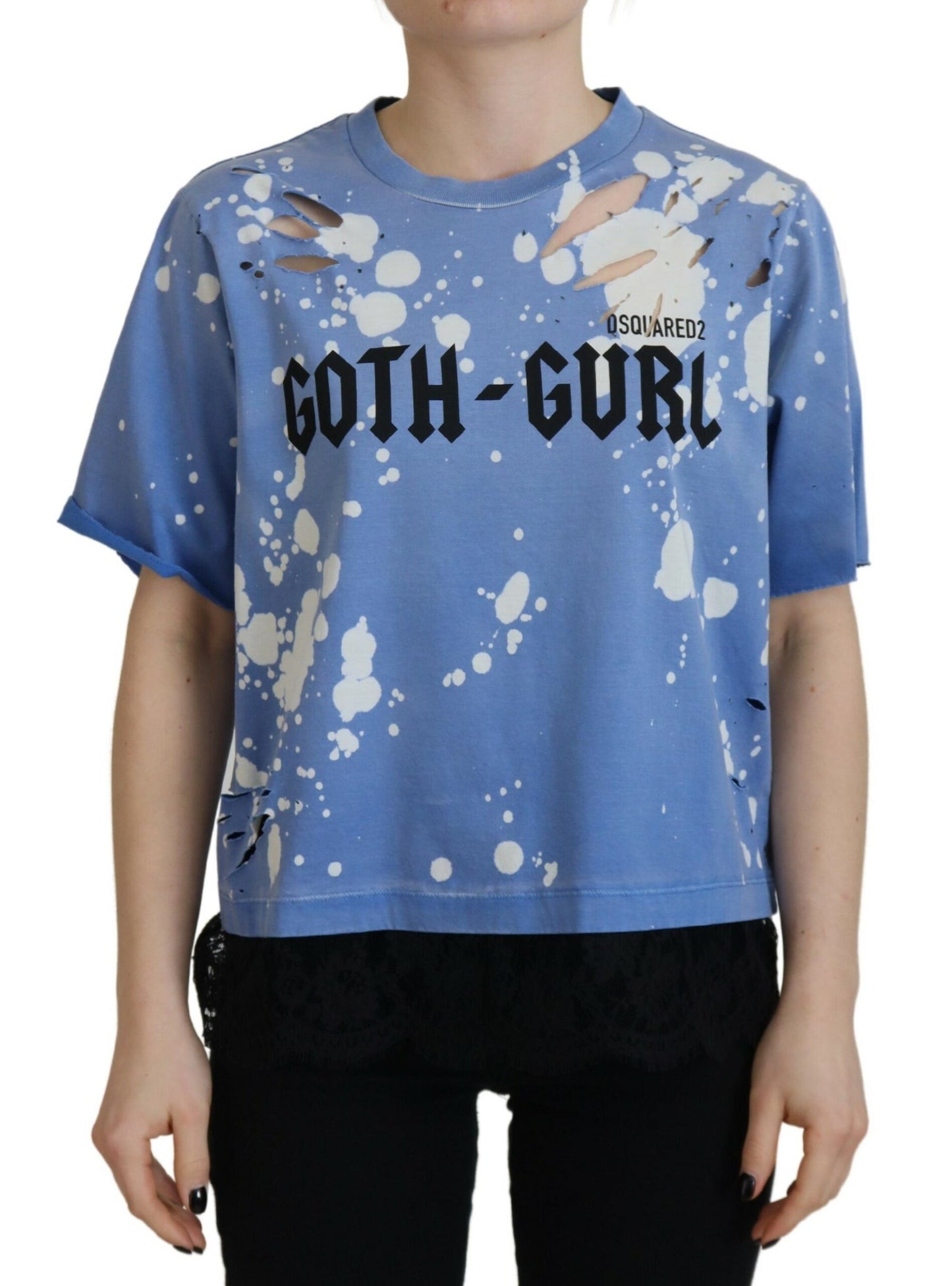 Dsquared² Blaues T-Shirt aus Baumwolle mit Goth-Gurl-Print und schwarzer Spitze