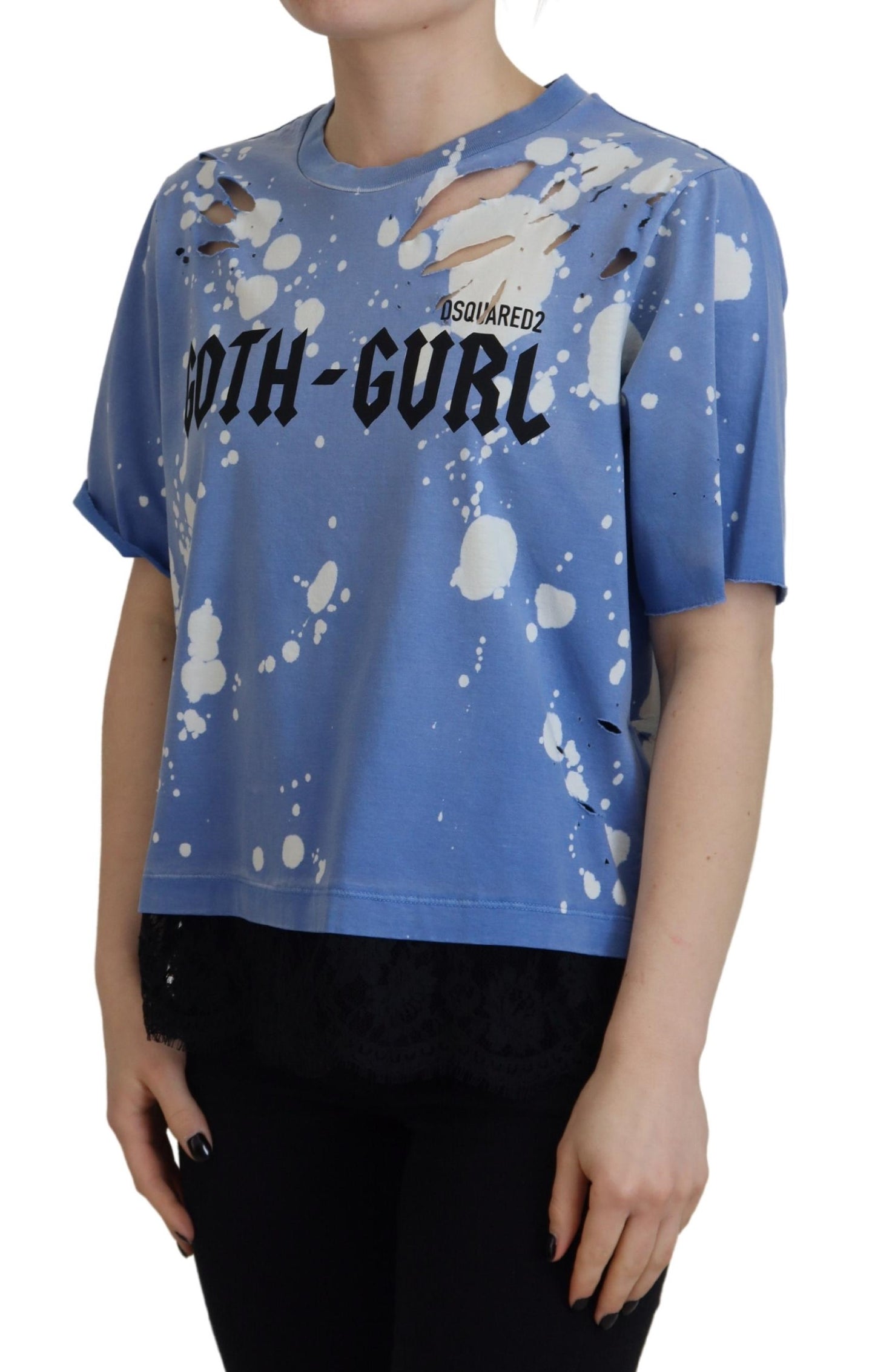 Dsquared² Blaues T-Shirt aus Baumwolle mit Goth-Gurl-Print und schwarzer Spitze