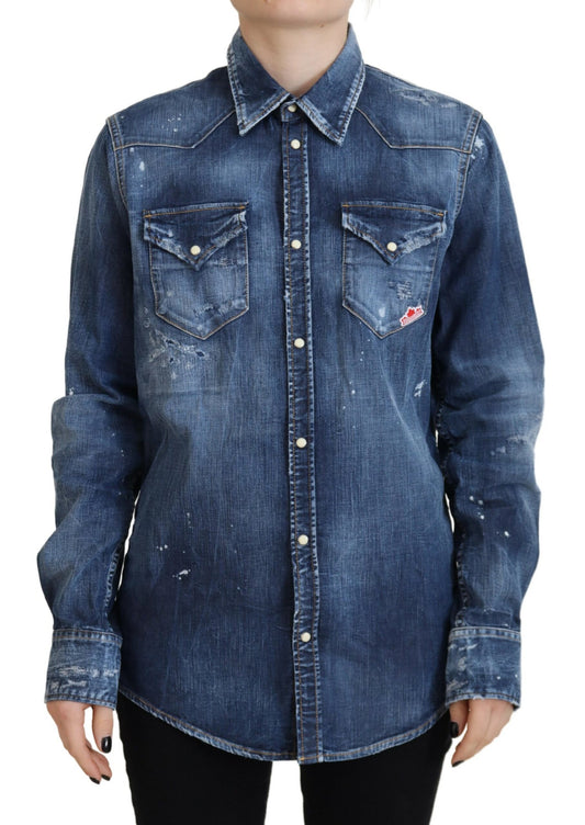 Dsquared² Blaues Jeanshemd aus gewaschener Baumwolle mit Button-Down-Kragen