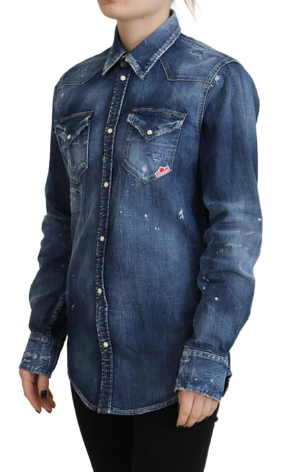 Dsquared² Blaues Jeanshemd aus gewaschener Baumwolle mit Button-Down-Kragen