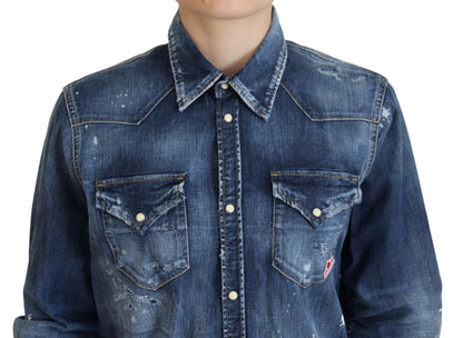 Dsquared² Blaues Jeanshemd aus gewaschener Baumwolle mit Button-Down-Kragen