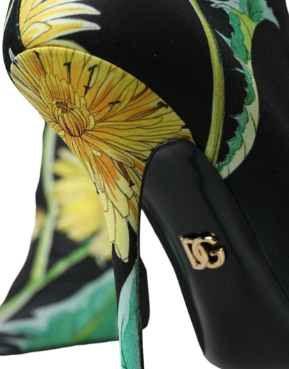 Dolce &amp; Gabbana – Stiefeletten aus Stretch-Jersey mit Blumenmuster in Schwarz