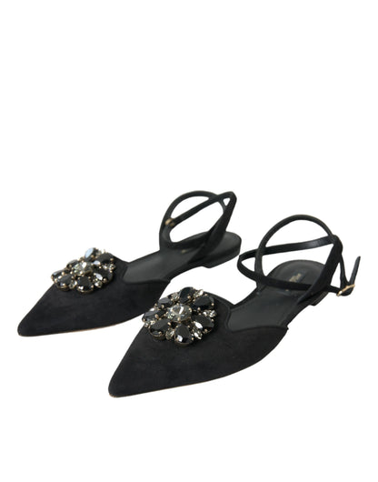 Dolce &amp; Gabbana – Slingback-Sandalen aus schwarzem Leder mit Kristallen