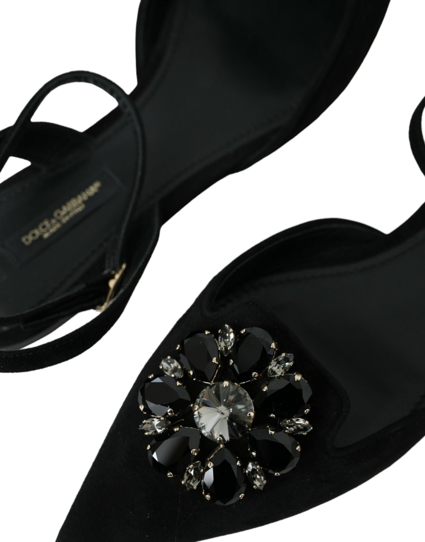 Dolce &amp; Gabbana – Slingback-Sandalen aus schwarzem Leder mit Kristallen