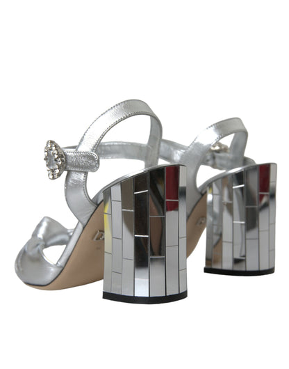 Dolce & Gabbana Silver Lambskin Leather Heels Sandals Shoes