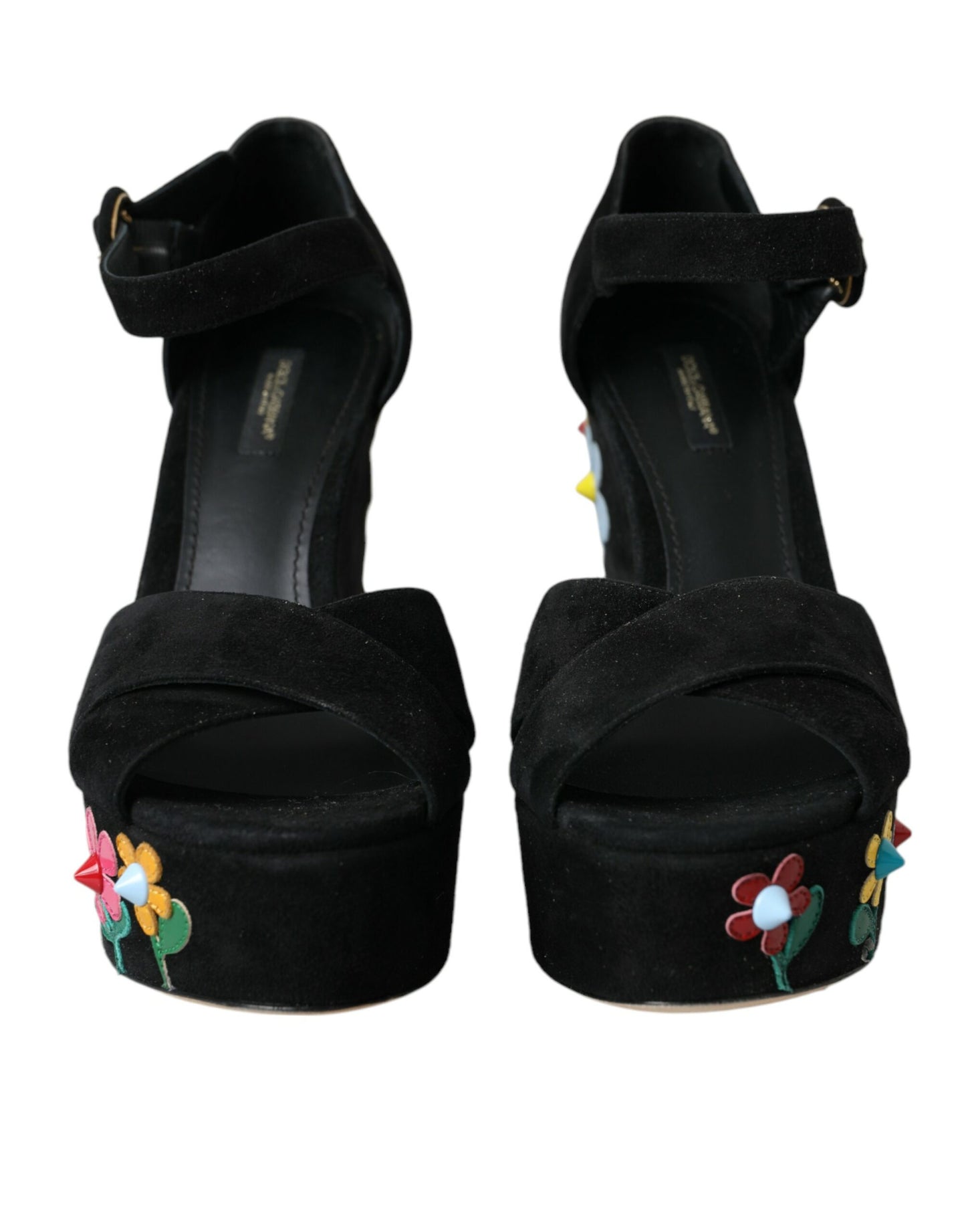 Dolce &amp; Gabbana – Schwarze Sandalen mit Knöchelriemen und Blumenmuster