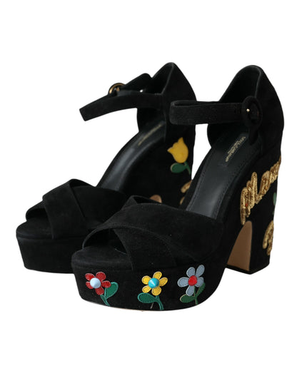 Dolce &amp; Gabbana – Schwarze Sandalen mit Knöchelriemen und Blumenmuster