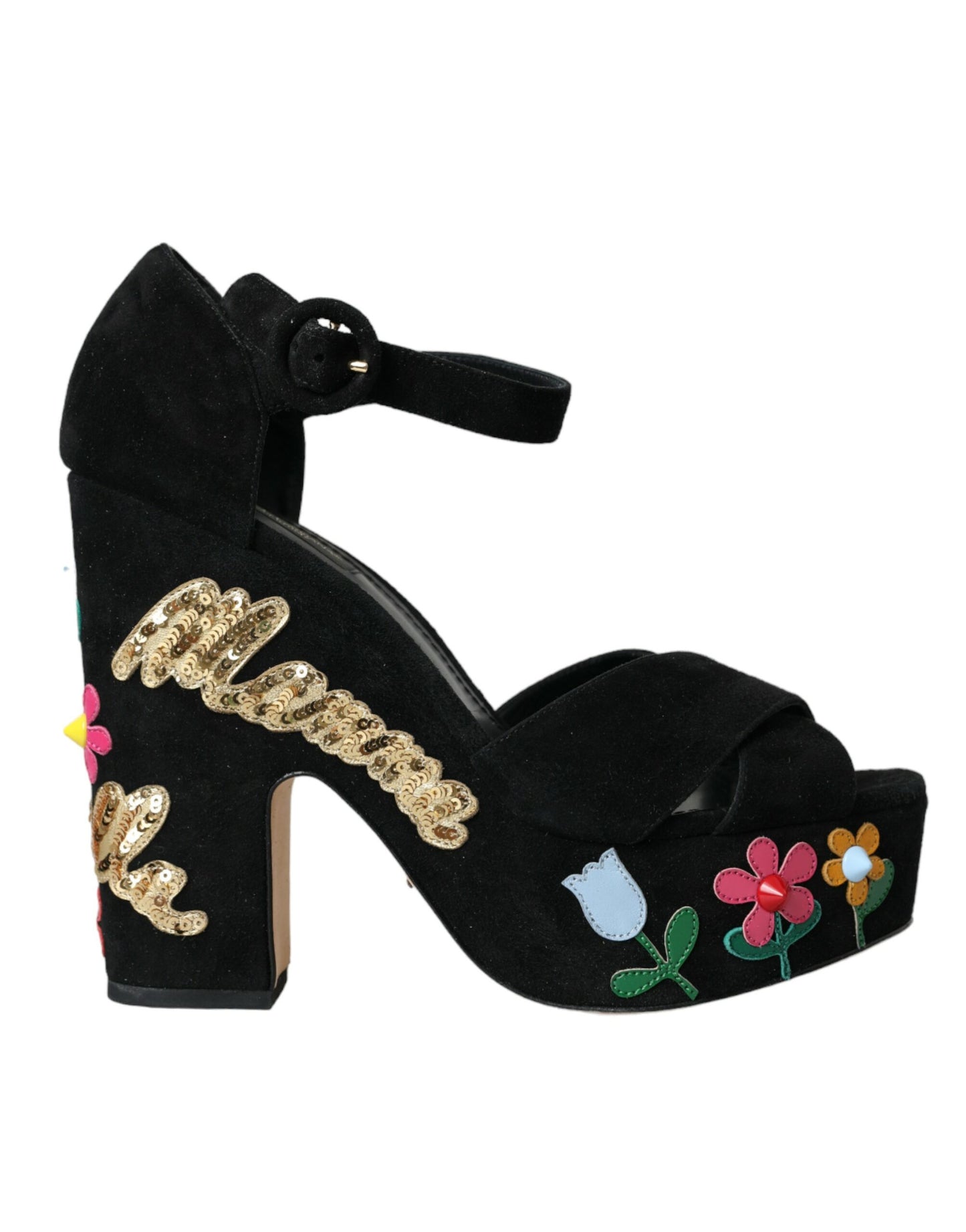 Dolce &amp; Gabbana – Schwarze Sandalen mit Knöchelriemen und Blumenmuster