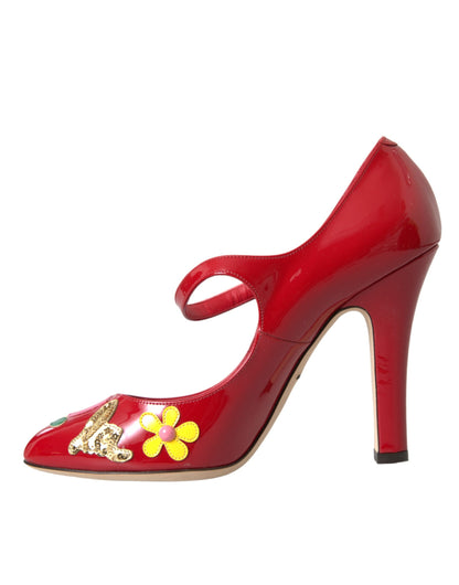 Dolce &amp; Gabbana – Rote Mary-Jane-Pumps aus Leder mit Verzierung