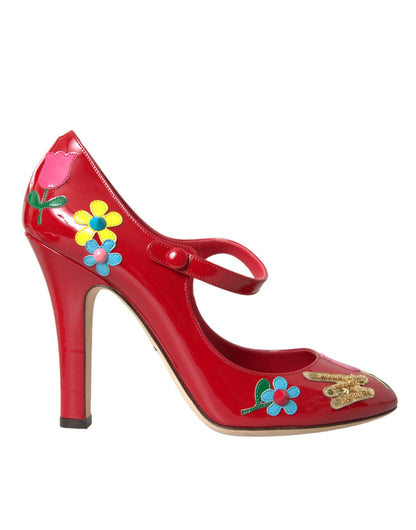 Dolce &amp; Gabbana – Rote Mary-Jane-Pumps aus Leder mit Verzierung