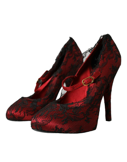 Dolce &amp; Gabbana – Rote und schwarze Mary-Jane-Pumps mit Blumenspitze