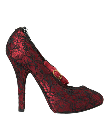 Dolce & Gabbana Red Black Floral Lace Mary Jane Pumps Shoes