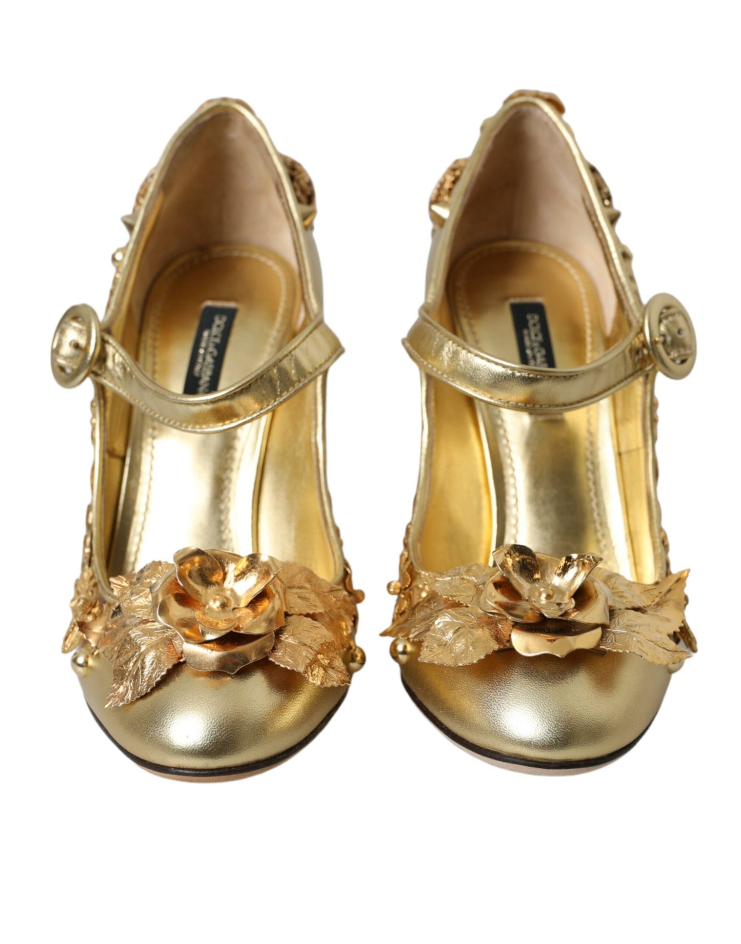 Dolce &amp; Gabbana – Mary Janes-Pumps aus goldenem Leder mit Kristallen