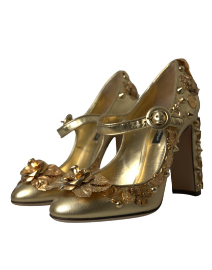 Dolce &amp; Gabbana – Mary Janes-Pumps aus goldenem Leder mit Kristallen