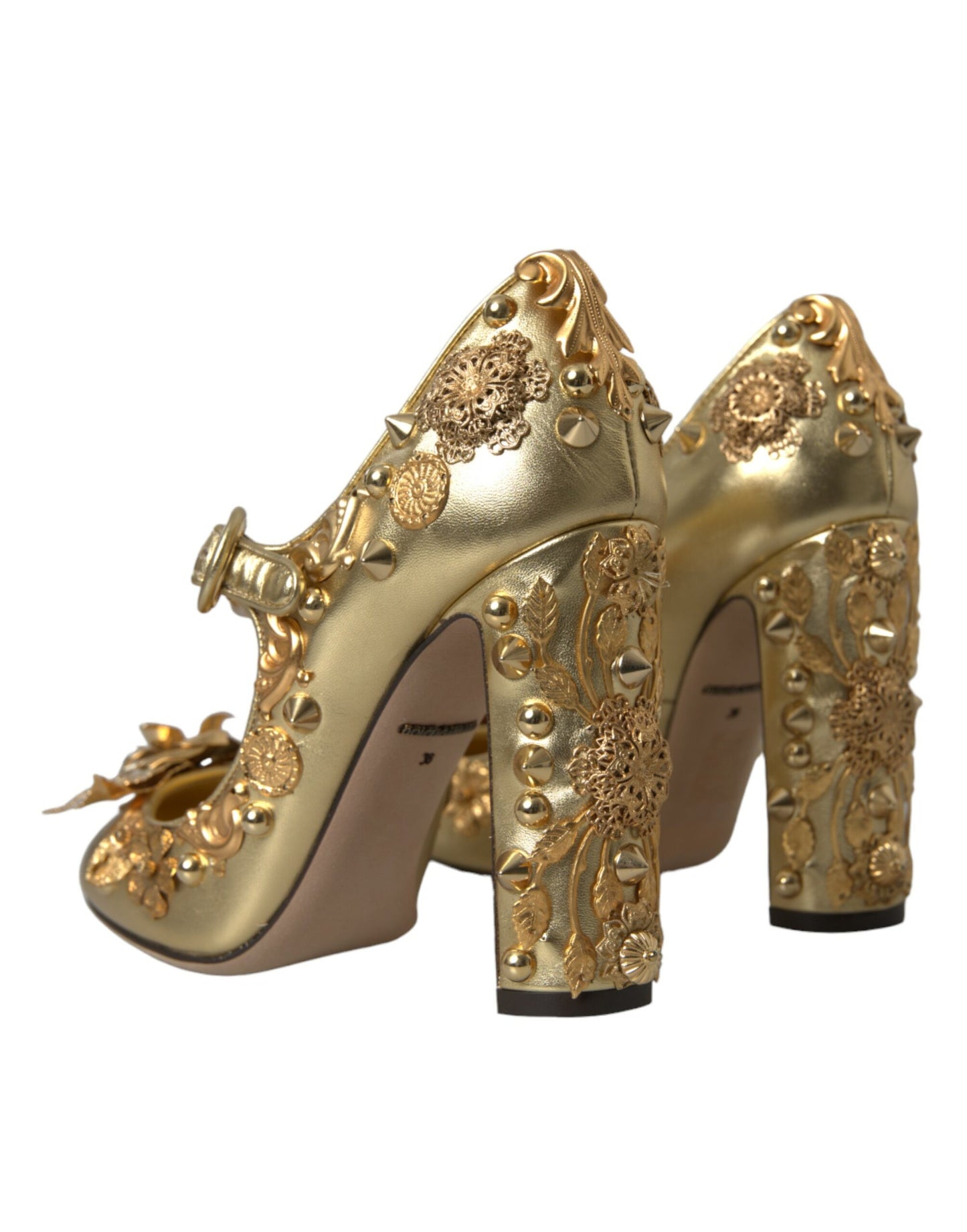 Dolce & Gabbana Gold Leather Crystal Mary Janes Pumps Shoes