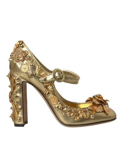 Dolce &amp; Gabbana – Mary Janes-Pumps aus goldenem Leder mit Kristallen