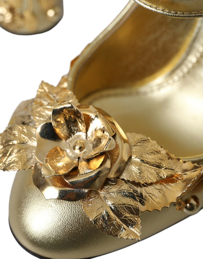 Dolce &amp; Gabbana – Mary Janes-Pumps aus goldenem Leder mit Kristallen