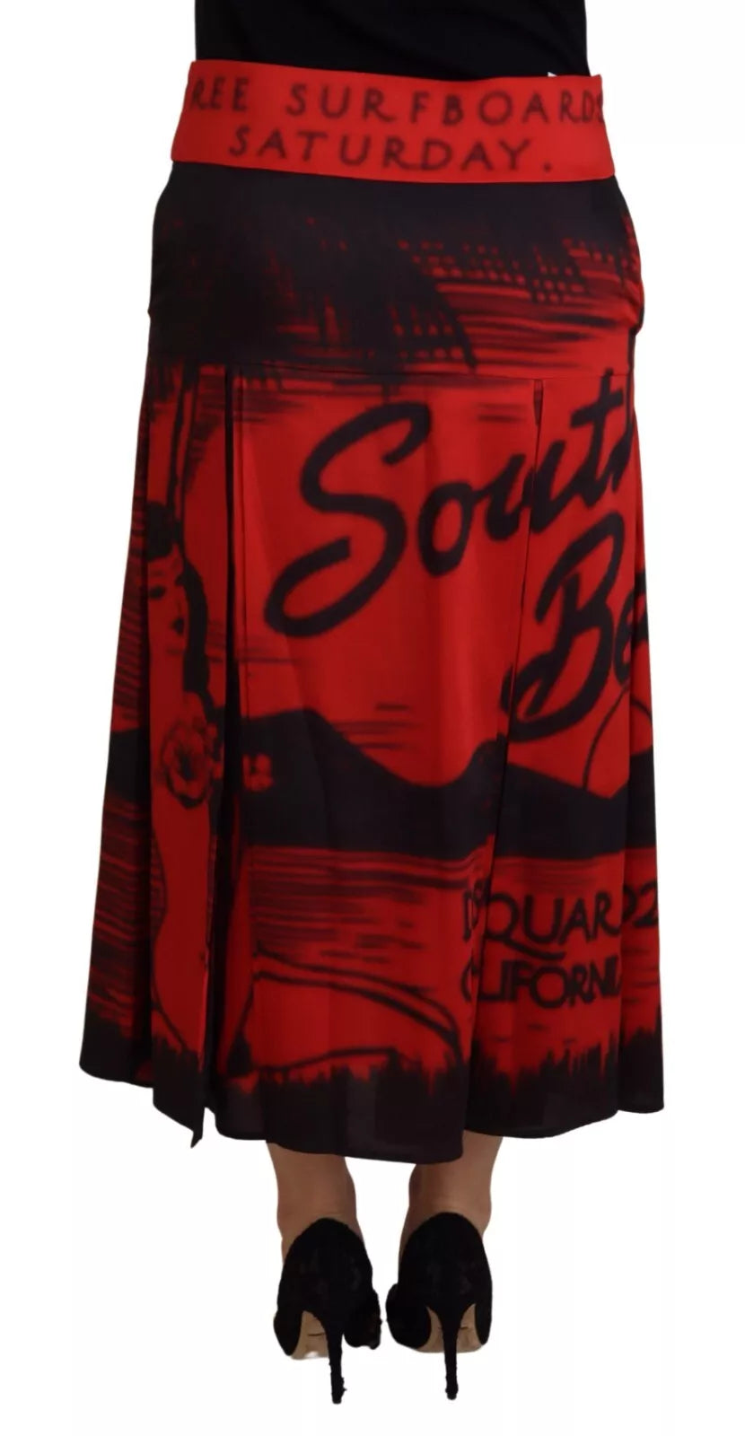 Dsquared² Roter bedruckter A-Linien-Midifaltenrock mit hoher Taille