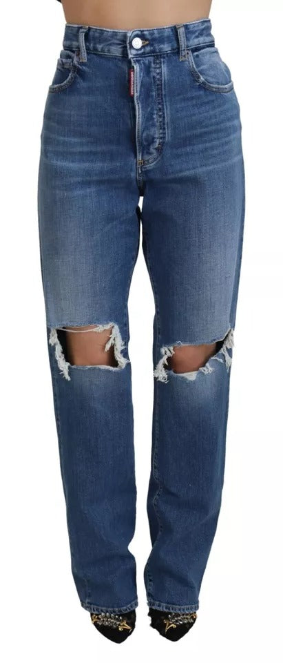 Dsquared² – Gerade geschnittene Jeans in Distressed-Optik mit hoher Taille, Blau