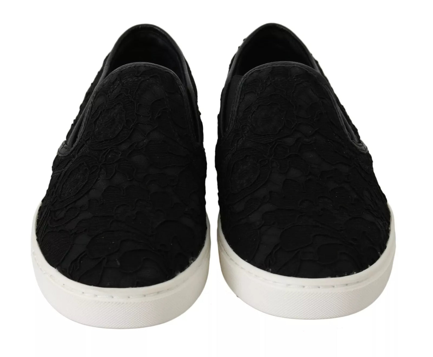 Dolce &amp; Gabbana – Flache Slip-On-Sneakers aus schwarzem Spitzenleder mit Logo