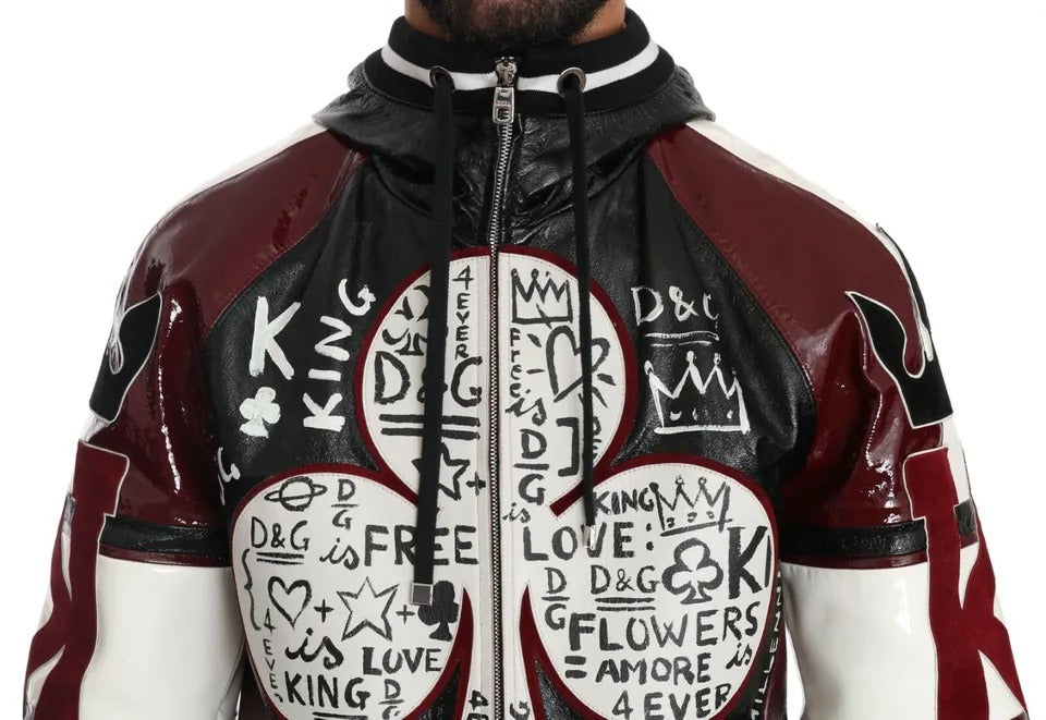 Dolce &amp; Gabbana – DG King of Love – Schwarze, bordeauxrote Lederjacke mit Kapuze