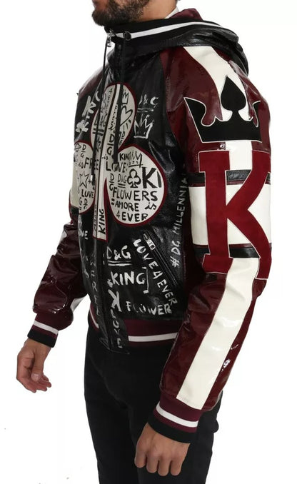 Dolce &amp; Gabbana – DG King of Love – Schwarze, bordeauxrote Lederjacke mit Kapuze